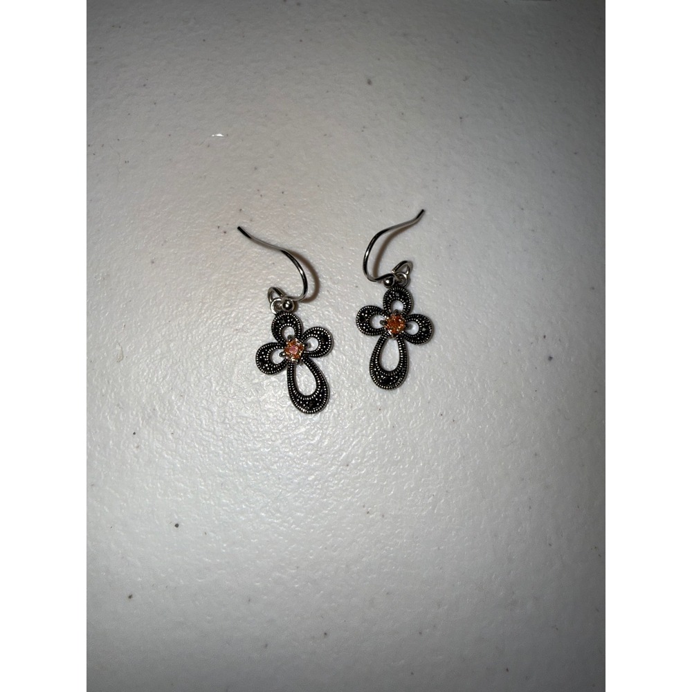 Silver Tone Ornate Cross Drop Earrings Amber Rhinestone Filigree Religious